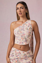 Chic Scarf-Detail One-Shoulder Top in Primrose Floral Print