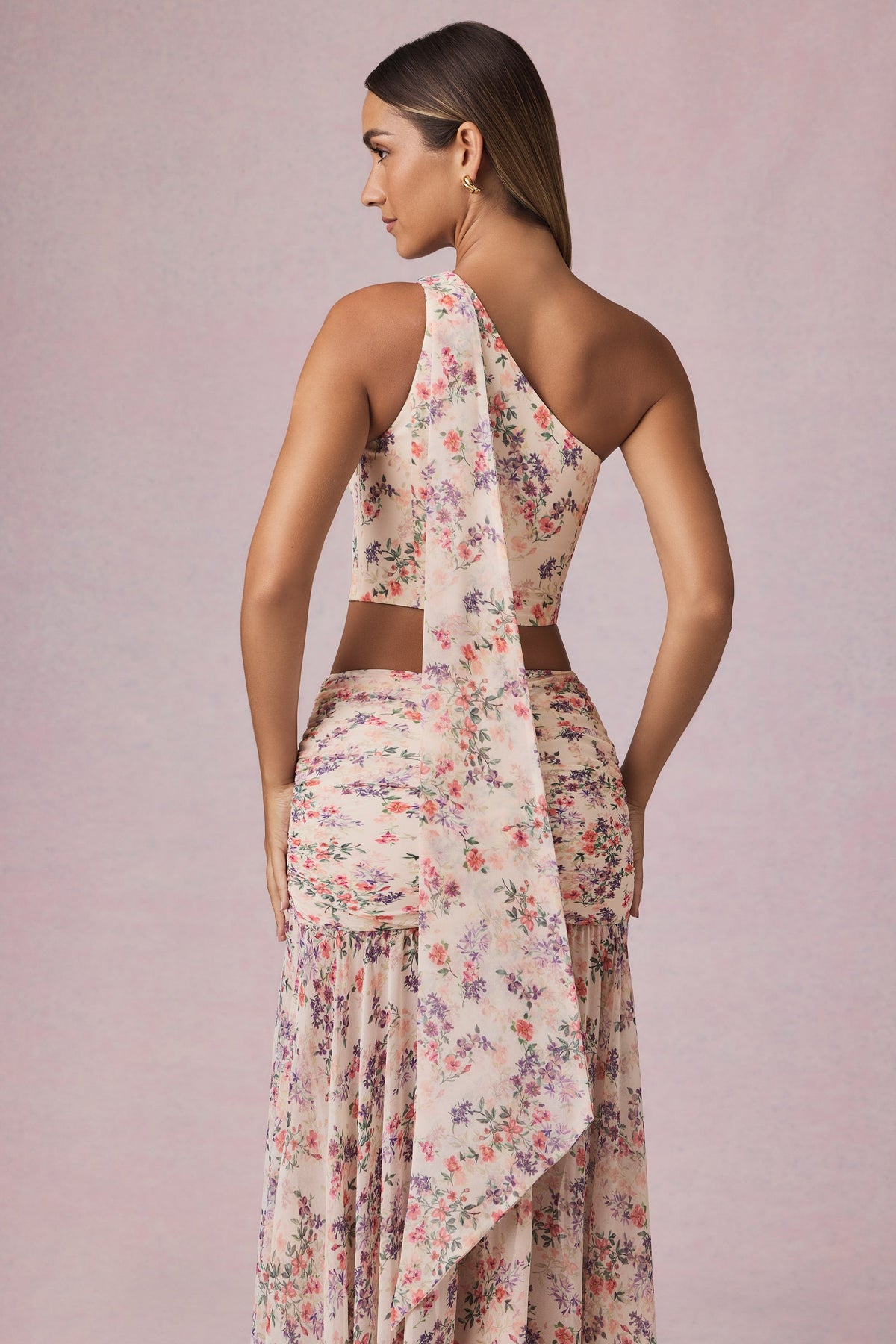 Chic Scarf-Detail One-Shoulder Top in Primrose Floral Print