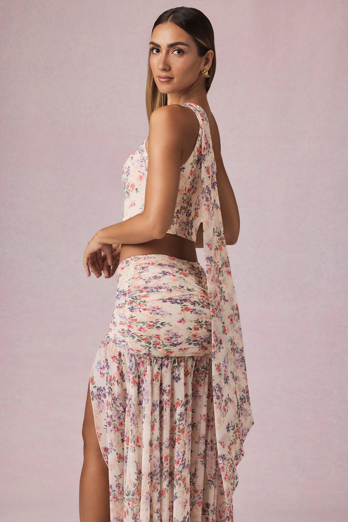 Chic Scarf-Detail One-Shoulder Top in Primrose Floral Print