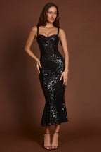 Chic Embellished Peekaboo Corset Midaxi Dress in Black Zebra