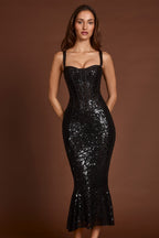 Chic Embellished Peekaboo Corset Midaxi Dress in Black Zebra