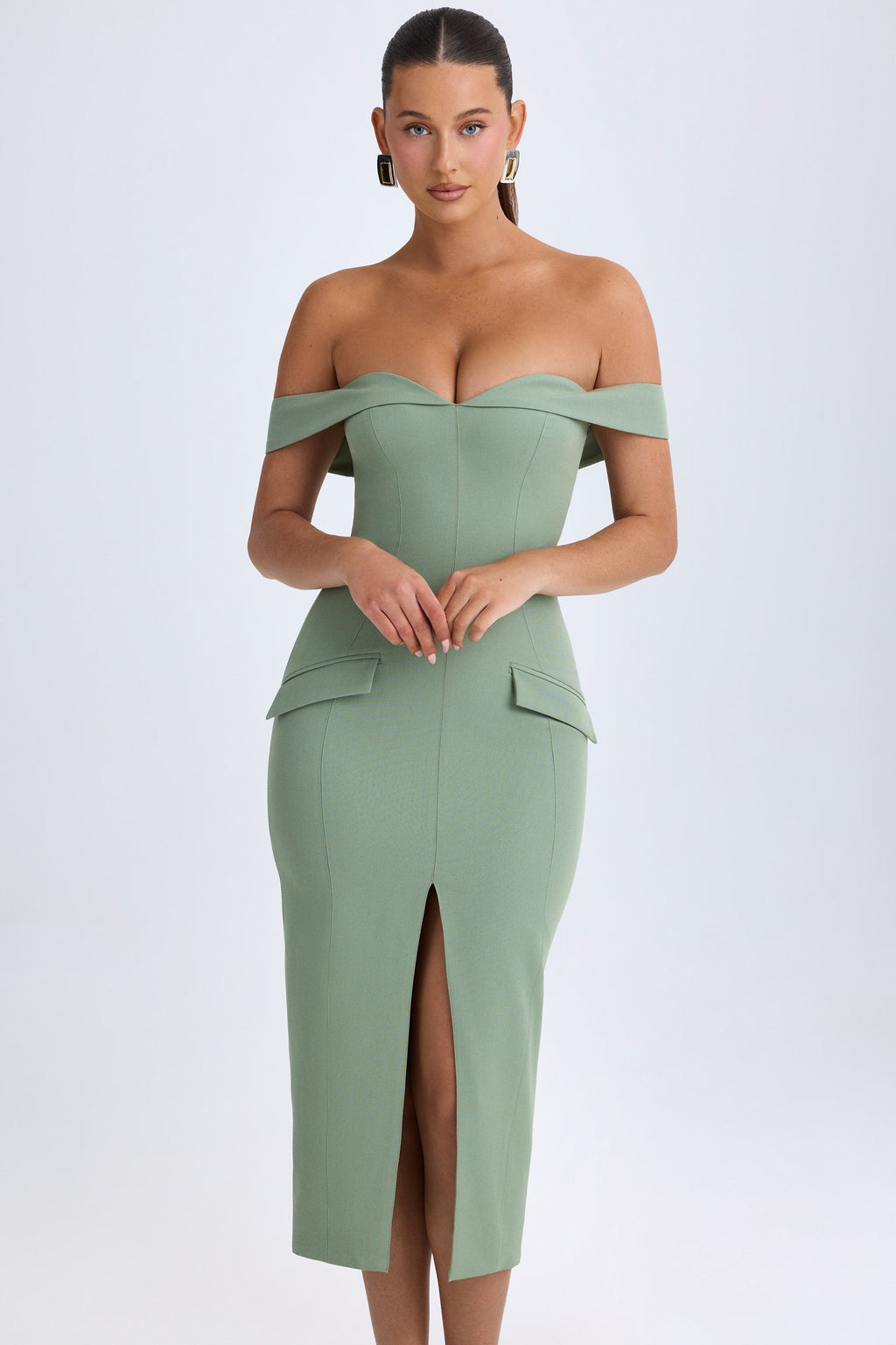 Chic Off-Shoulder Midaxi Dress in Khaki Green