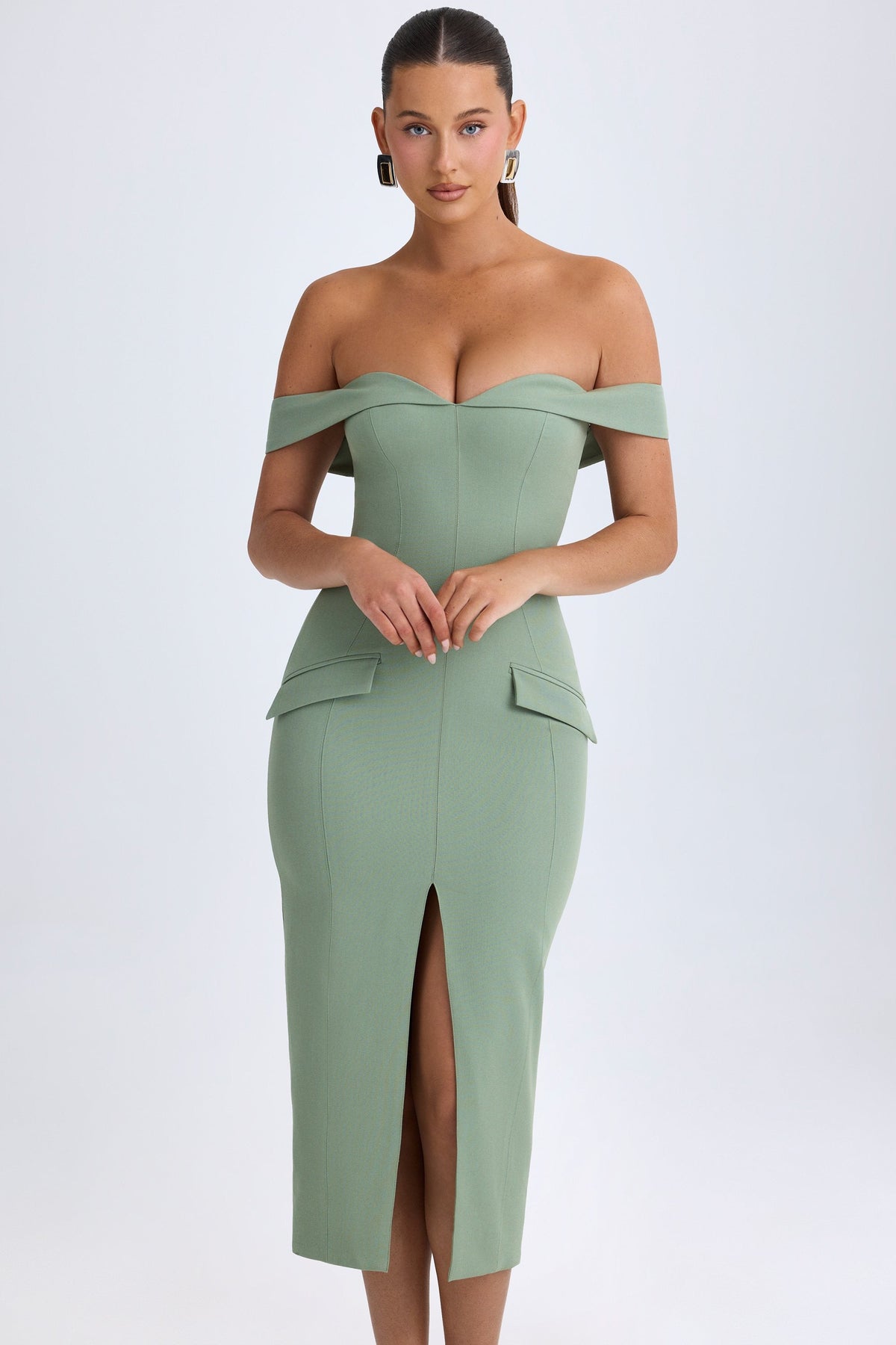 Chic Off-Shoulder Midaxi Dress in Khaki Green