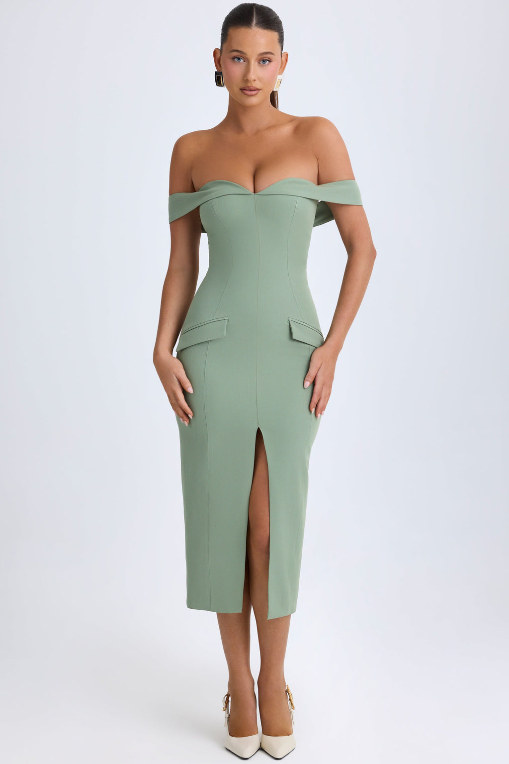 Chic Off-Shoulder Midaxi Dress in Khaki Green