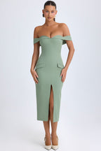 Chic Off-Shoulder Midaxi Dress in Khaki Green