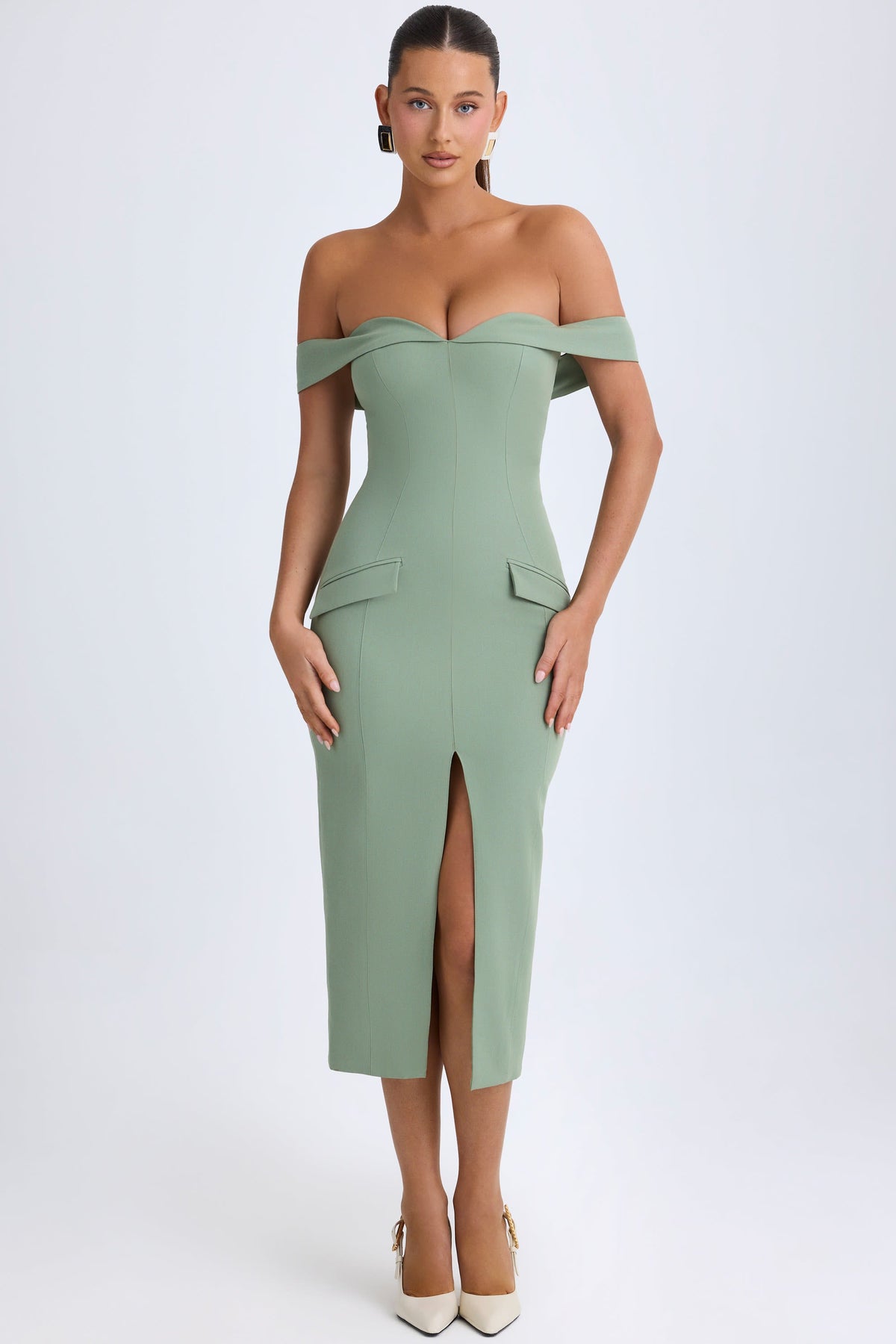 Chic Off-Shoulder Midaxi Dress in Khaki Green