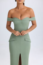 Chic Off-Shoulder Midaxi Dress in Khaki Green