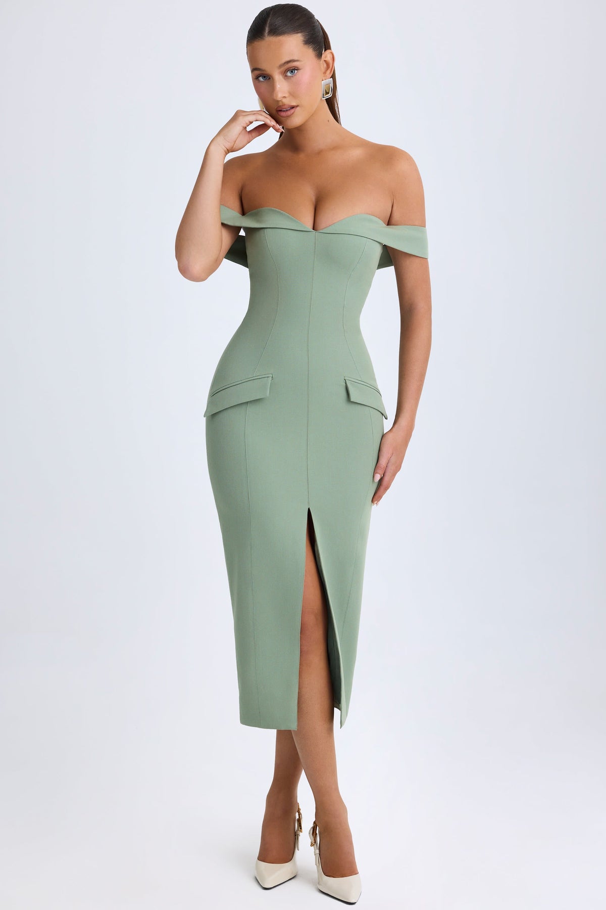 Chic Off-Shoulder Midaxi Dress in Khaki Green