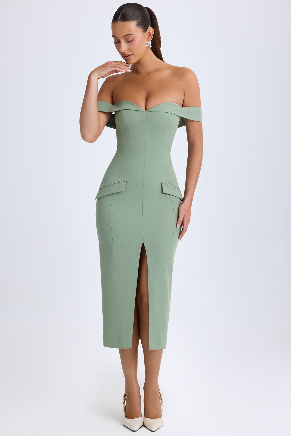 Chic Off-Shoulder Midaxi Dress in Khaki Green