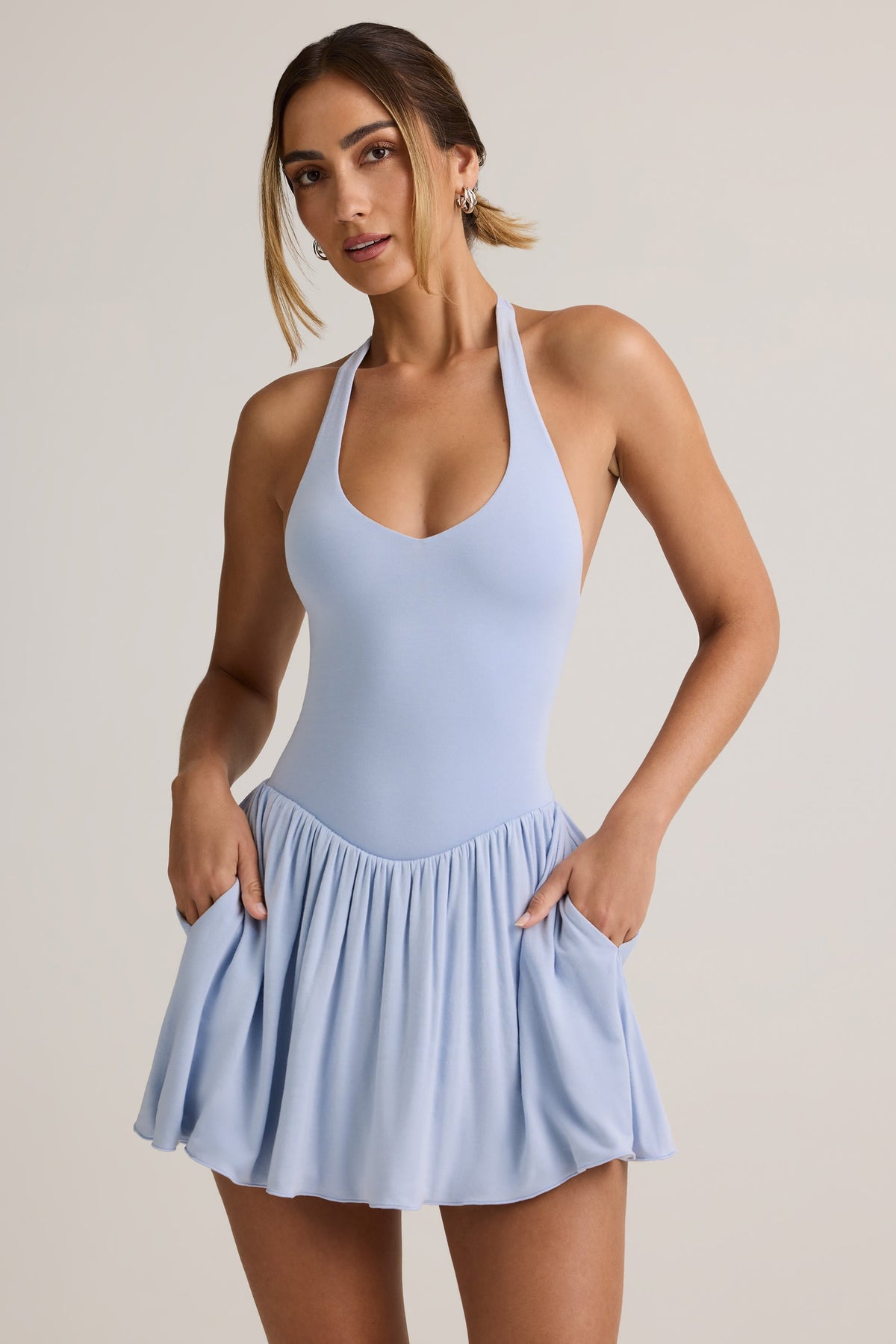 Chic Modal Backless Halterneck Mini Dress in Light Blue