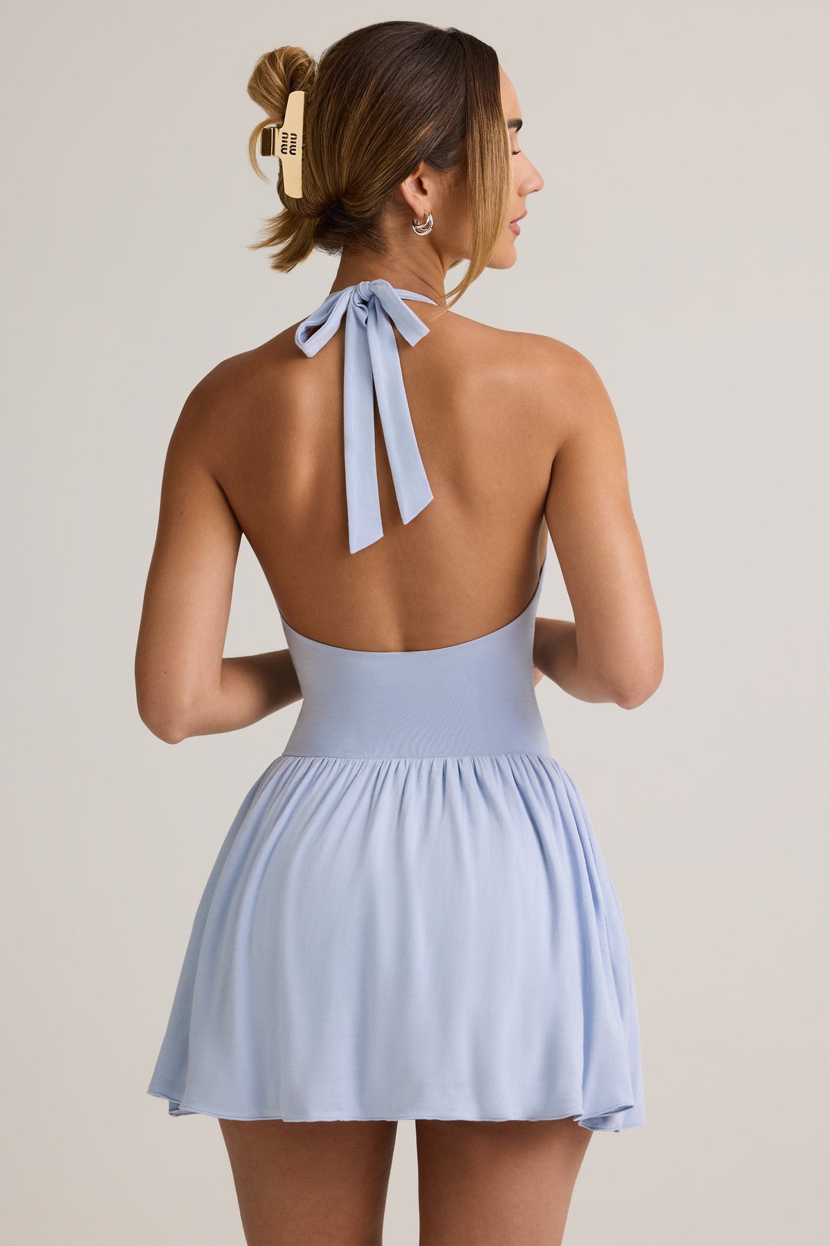 Chic Modal Backless Halterneck Mini Dress in Light Blue