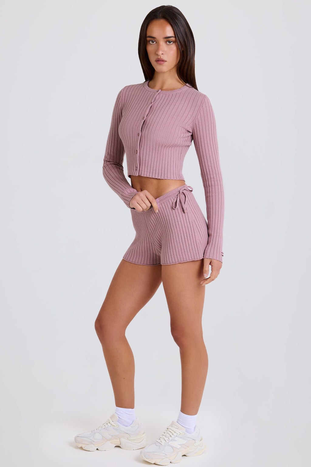 Chic Ribbed Knit Tie Mini Shorts in Mauve