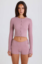 Chic Ribbed Knit Tie Mini Shorts in Mauve