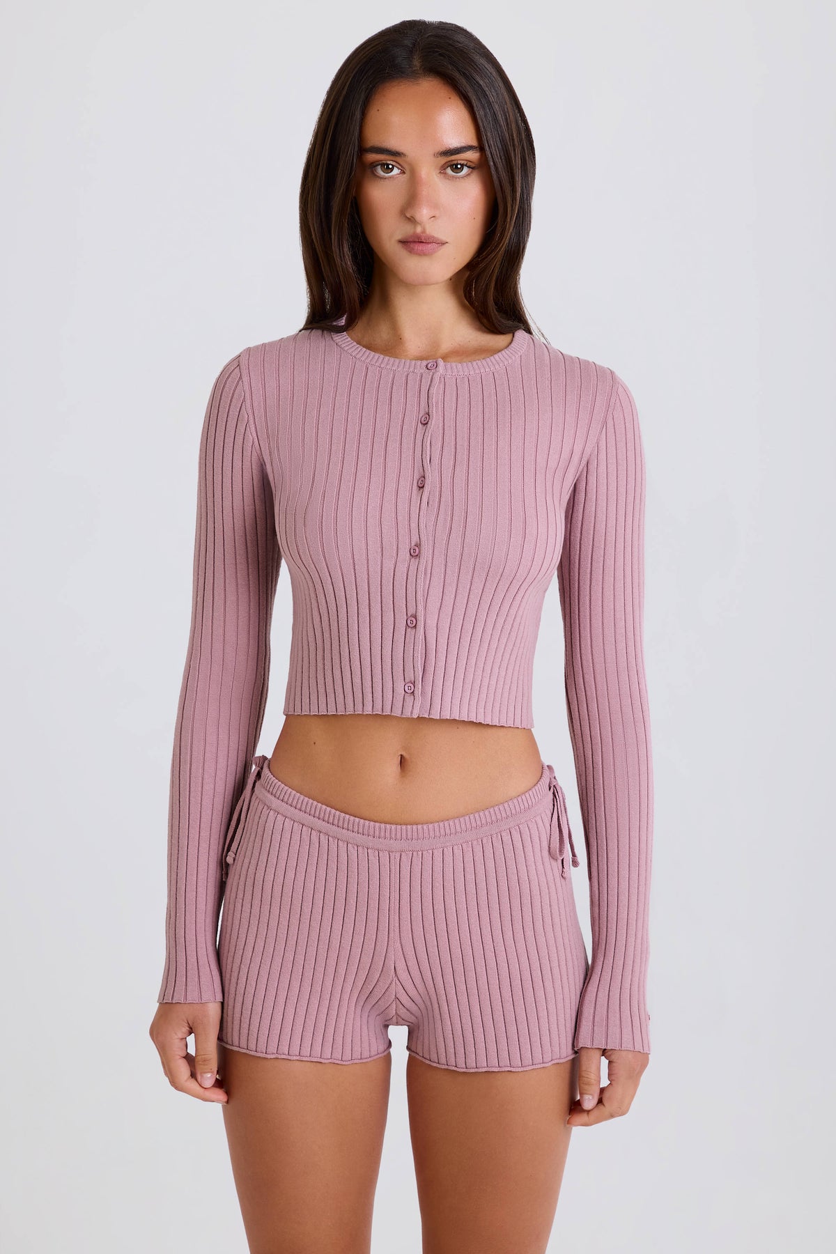 Chic Ribbed Knit Tie Mini Shorts in Mauve