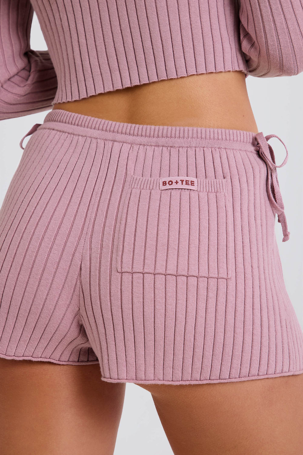 Chic Ribbed Knit Tie Mini Shorts in Mauve