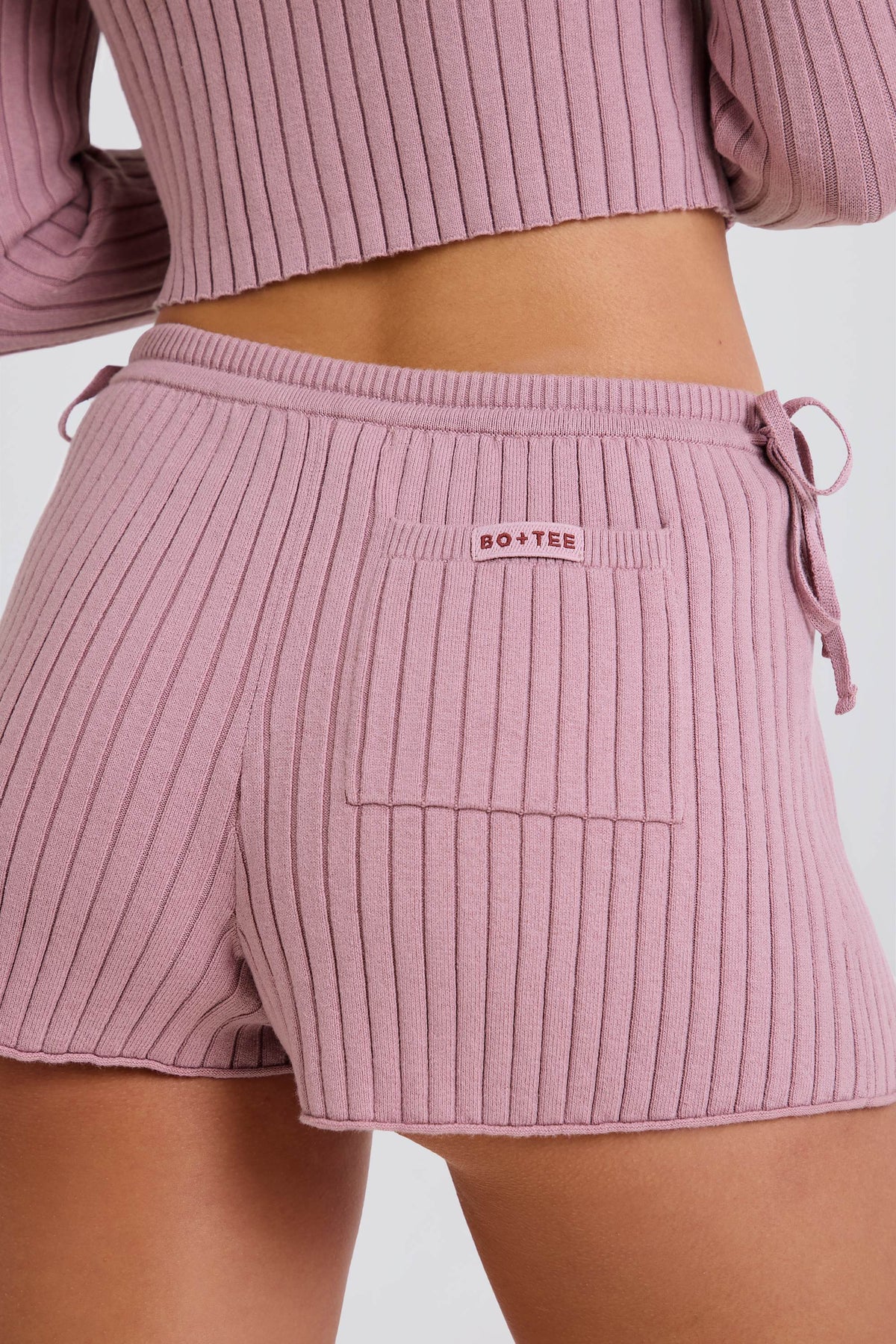 Chic Ribbed Knit Tie Mini Shorts in Mauve