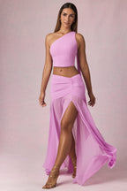 Chic Asymmetric Ruched Maxi Skirt in Pink Orchid