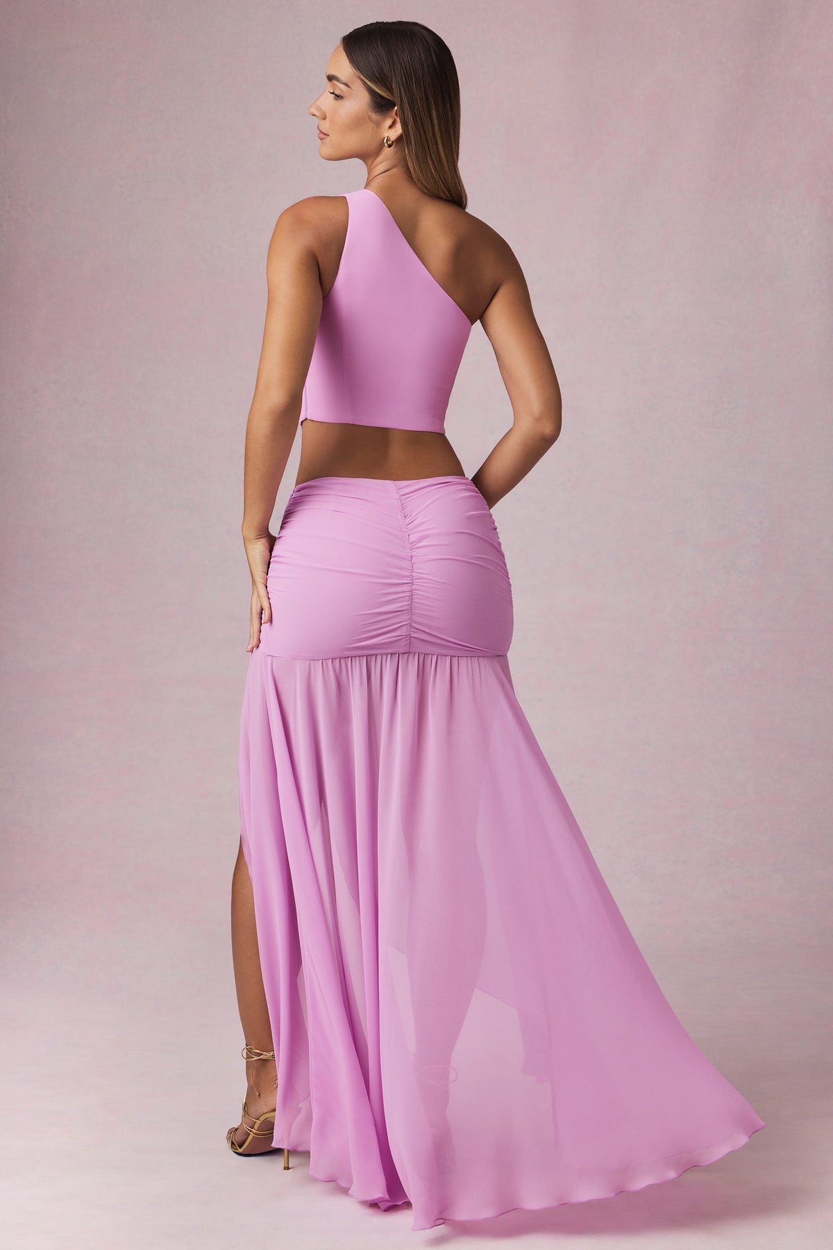 Chic Asymmetric Ruched Maxi Skirt in Pink Orchid