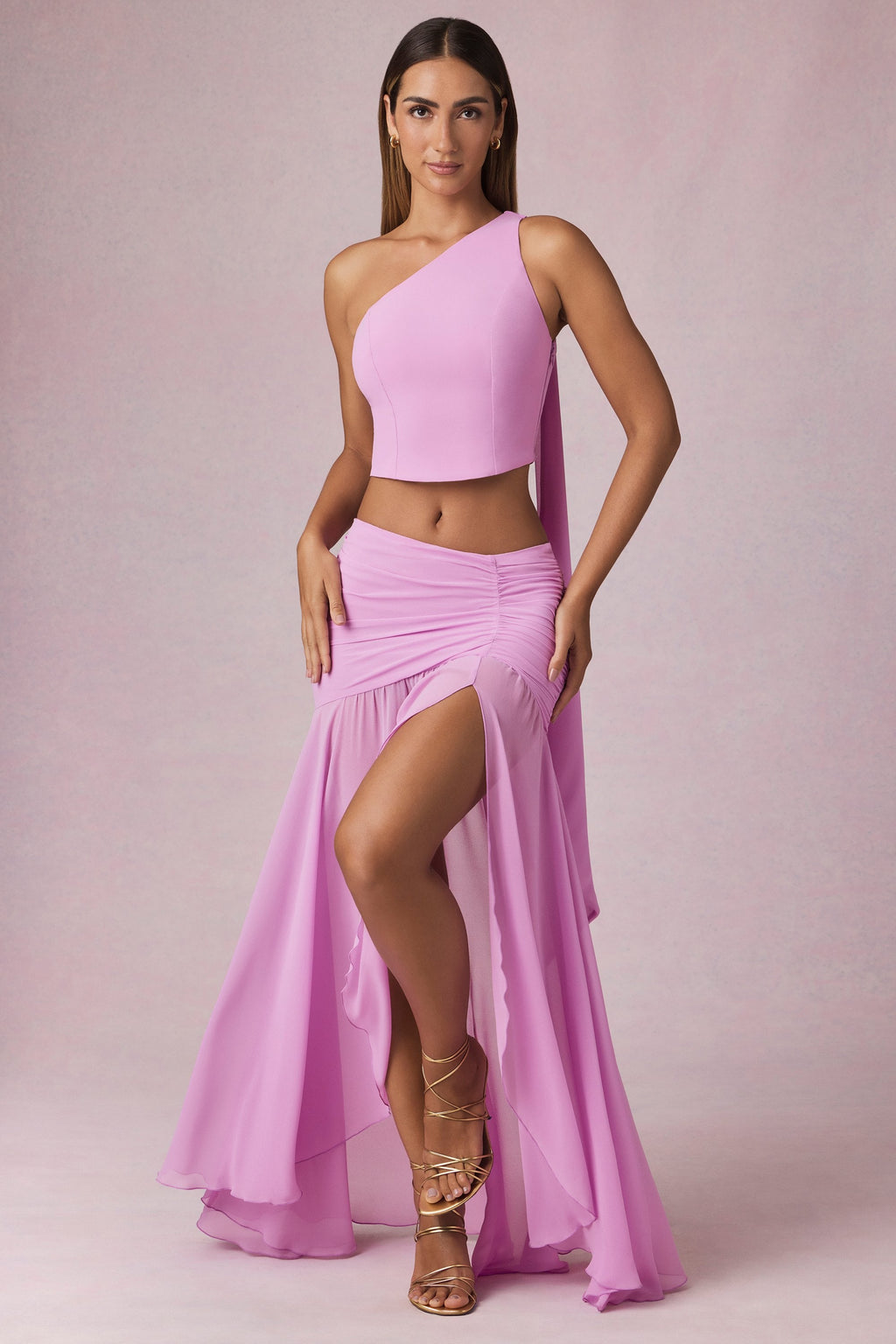 Chic Asymmetric Ruched Maxi Skirt in Pink Orchid