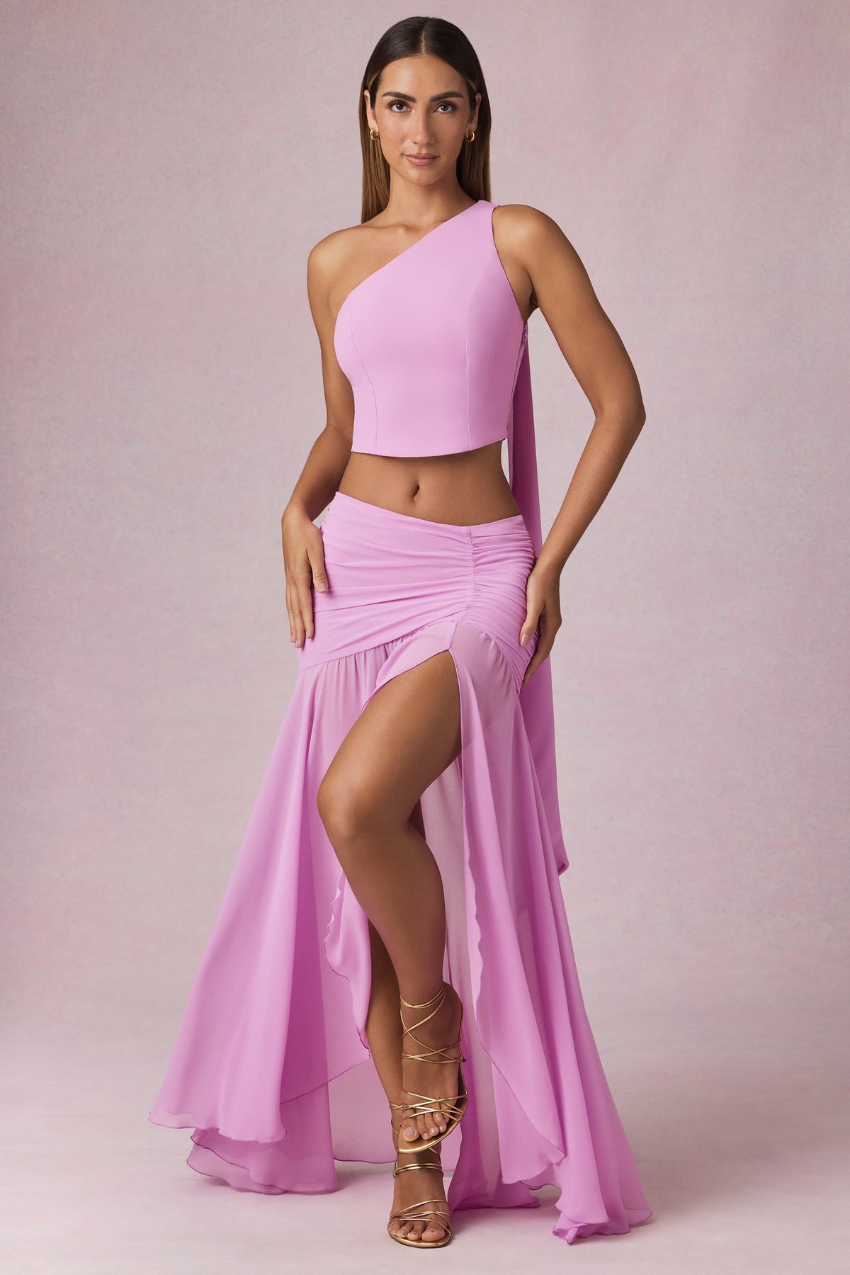 Chic Asymmetric Ruched Maxi Skirt in Pink Orchid