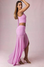 Chic Asymmetric Ruched Maxi Skirt in Pink Orchid