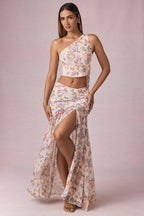 Chic Asymmetric Ruched Maxi Skirt in Primrose Floral Print