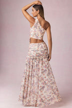 Chic Asymmetric Ruched Maxi Skirt in Primrose Floral Print