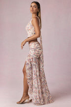 Chic Asymmetric Ruched Maxi Skirt in Primrose Floral Print