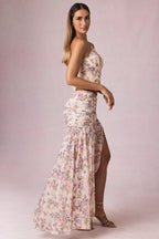 Chic Asymmetric Ruched Maxi Skirt in Primrose Floral Print