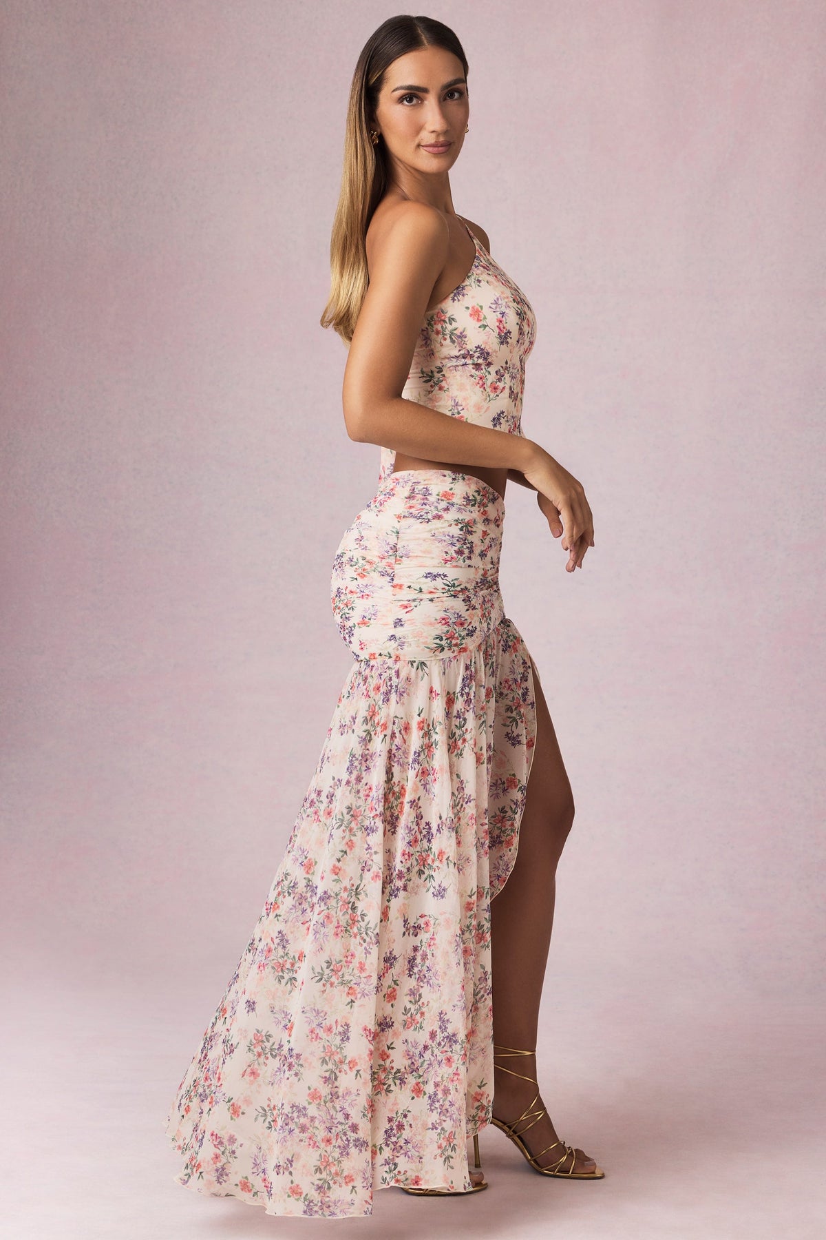 Chic Asymmetric Ruched Maxi Skirt in Primrose Floral Print