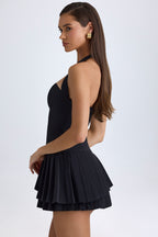 Chic Asymmetric Layered Halterneck Mini Dress in Black