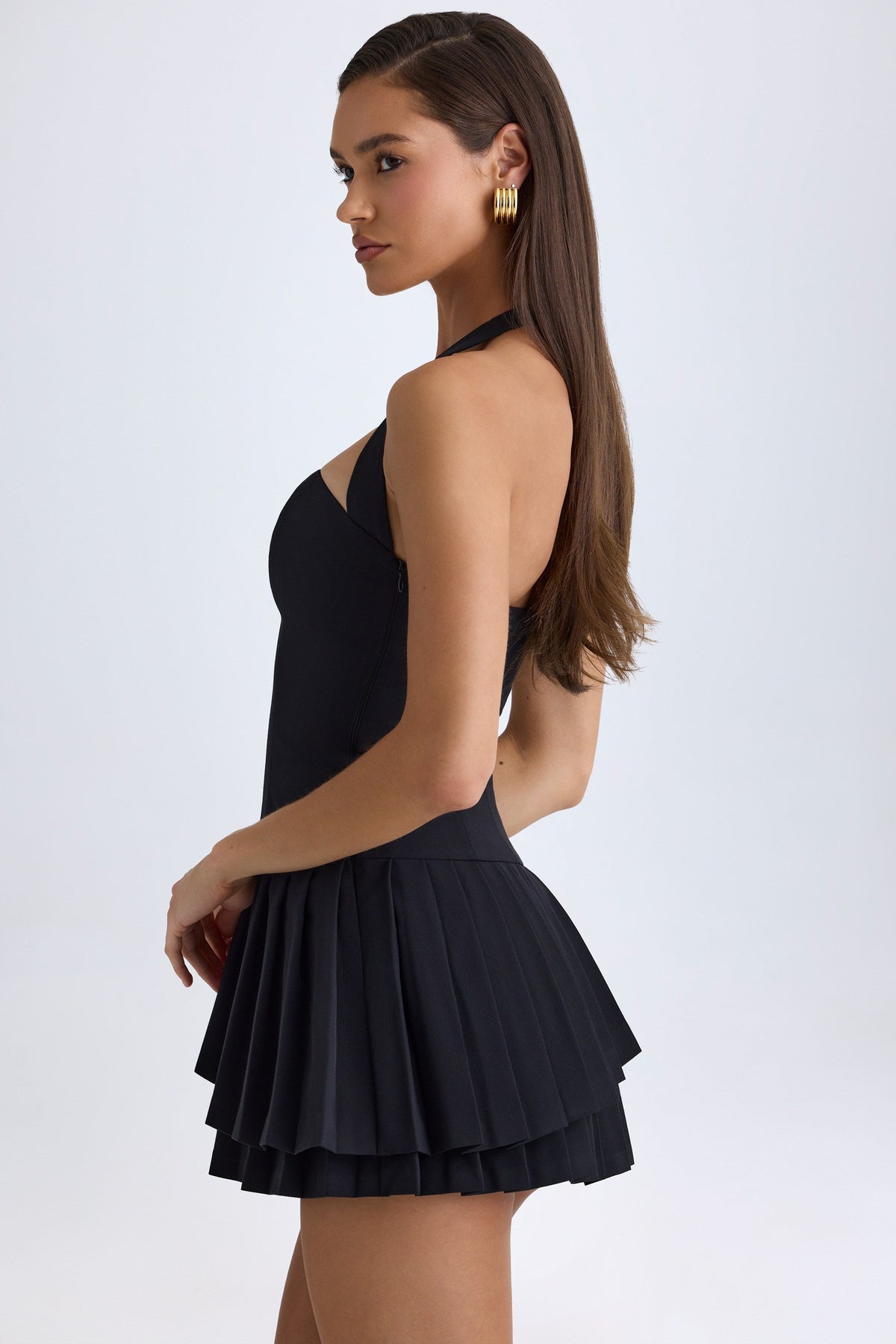 Chic Asymmetric Layered Halterneck Mini Dress in Black