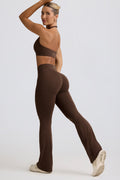 Chic Brushed Jersey Ruched Flared Trousers in Pecan Marl