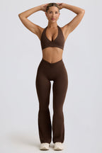 Chic Brushed Jersey Ruched Flared Trousers in Pecan Marl