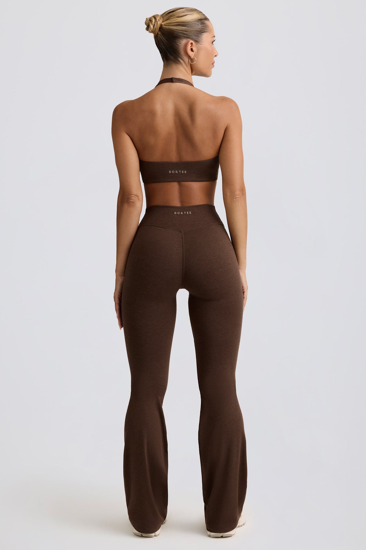 Chic Brushed Jersey Ruched Flared Trousers in Pecan Marl