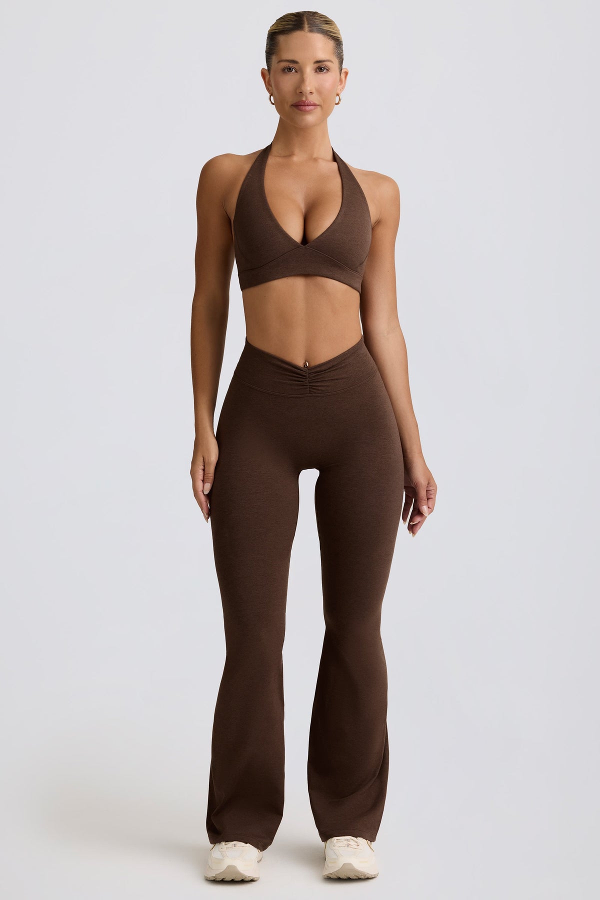 Chic Brushed Jersey Ruched Flared Trousers in Pecan Marl