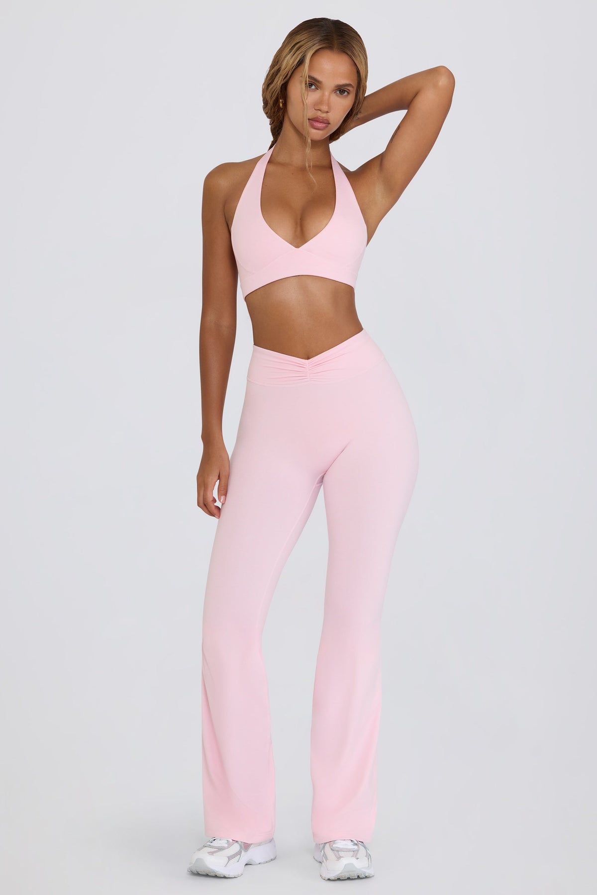 Chic Brushed Jersey Ruched Flared Trousers in Bloom