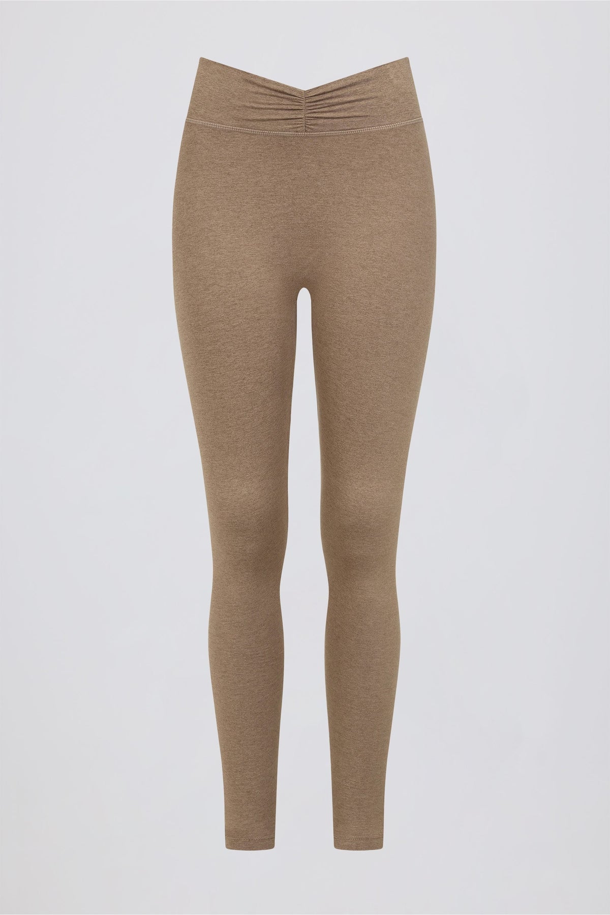 Chic Brushed Jersey Ruched Mid-Rise Leggings in Mocha Marl