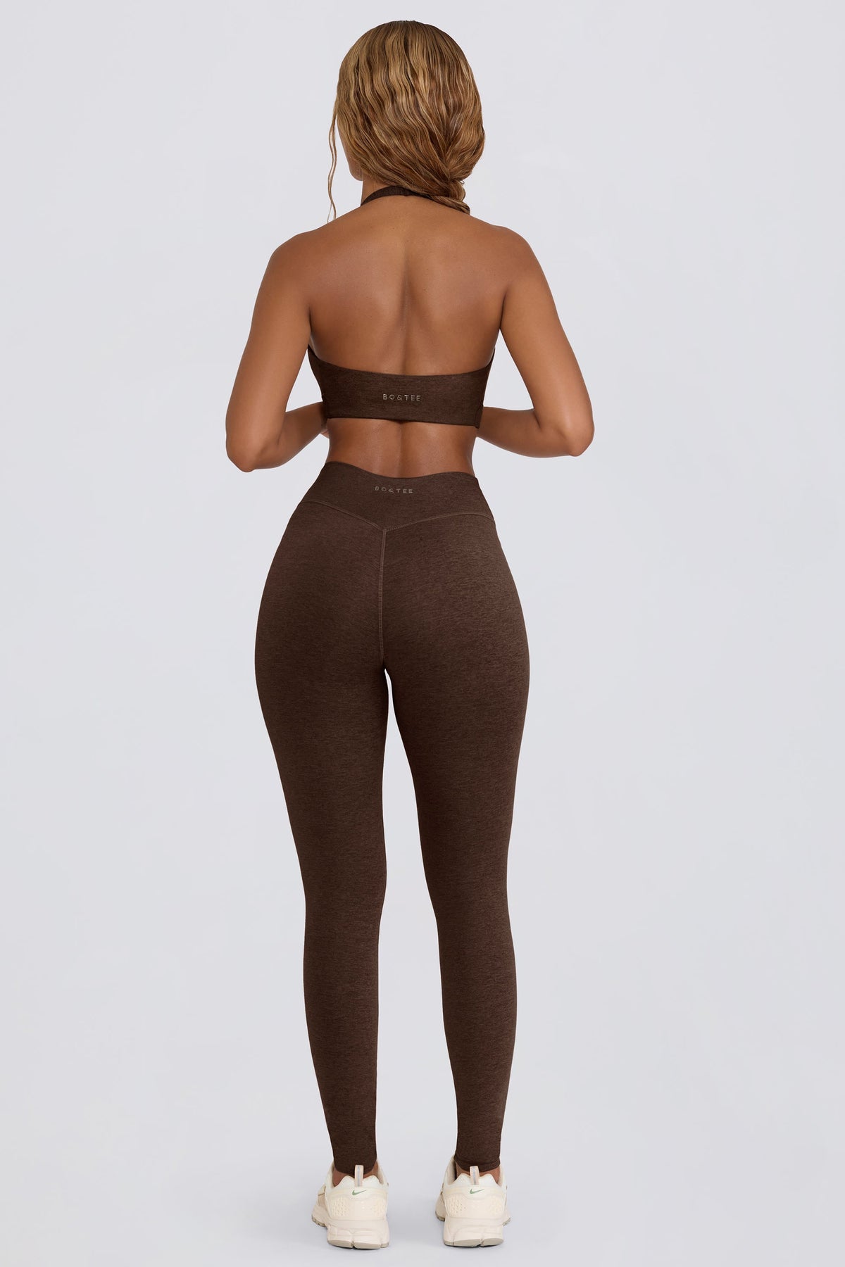 Chic Brushed Jersey Ruched Mid-Rise Leggings in Pecan Marl
