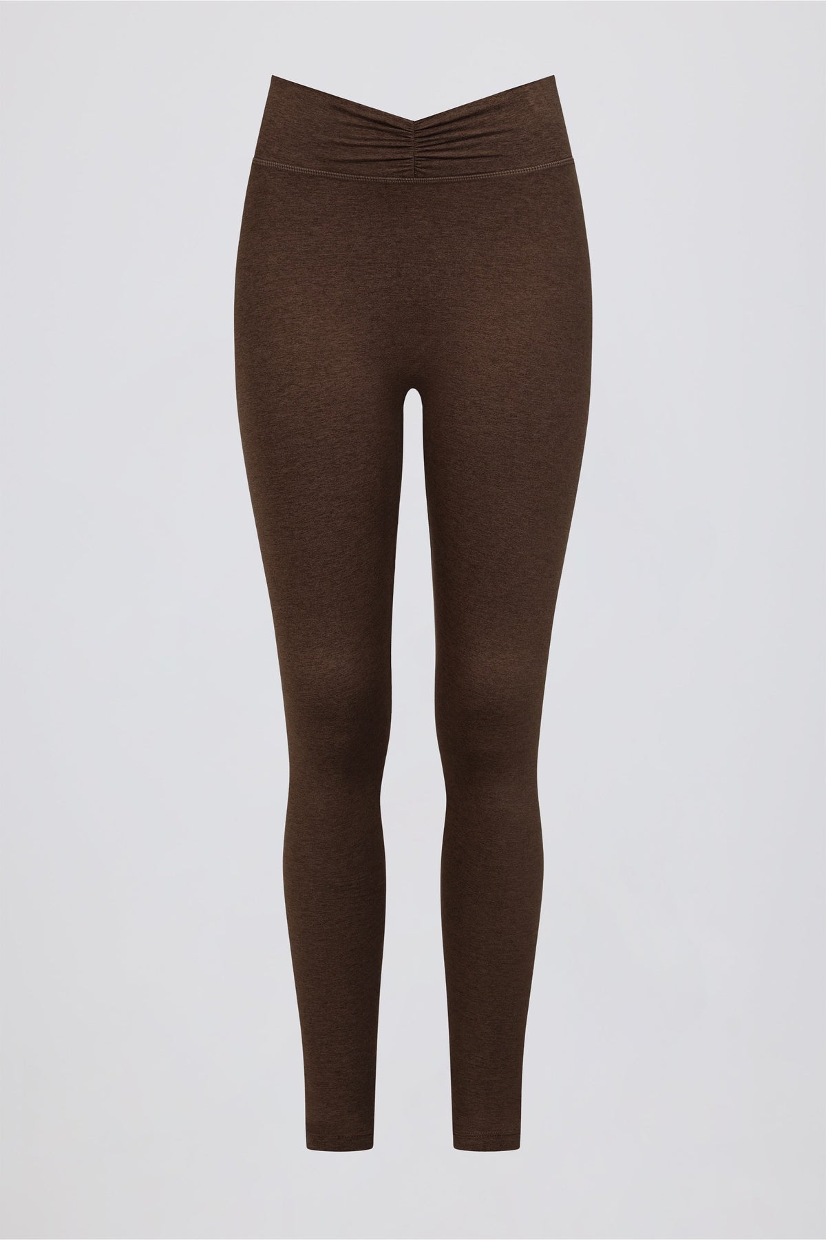 Chic Brushed Jersey Ruched Mid-Rise Leggings in Pecan Marl