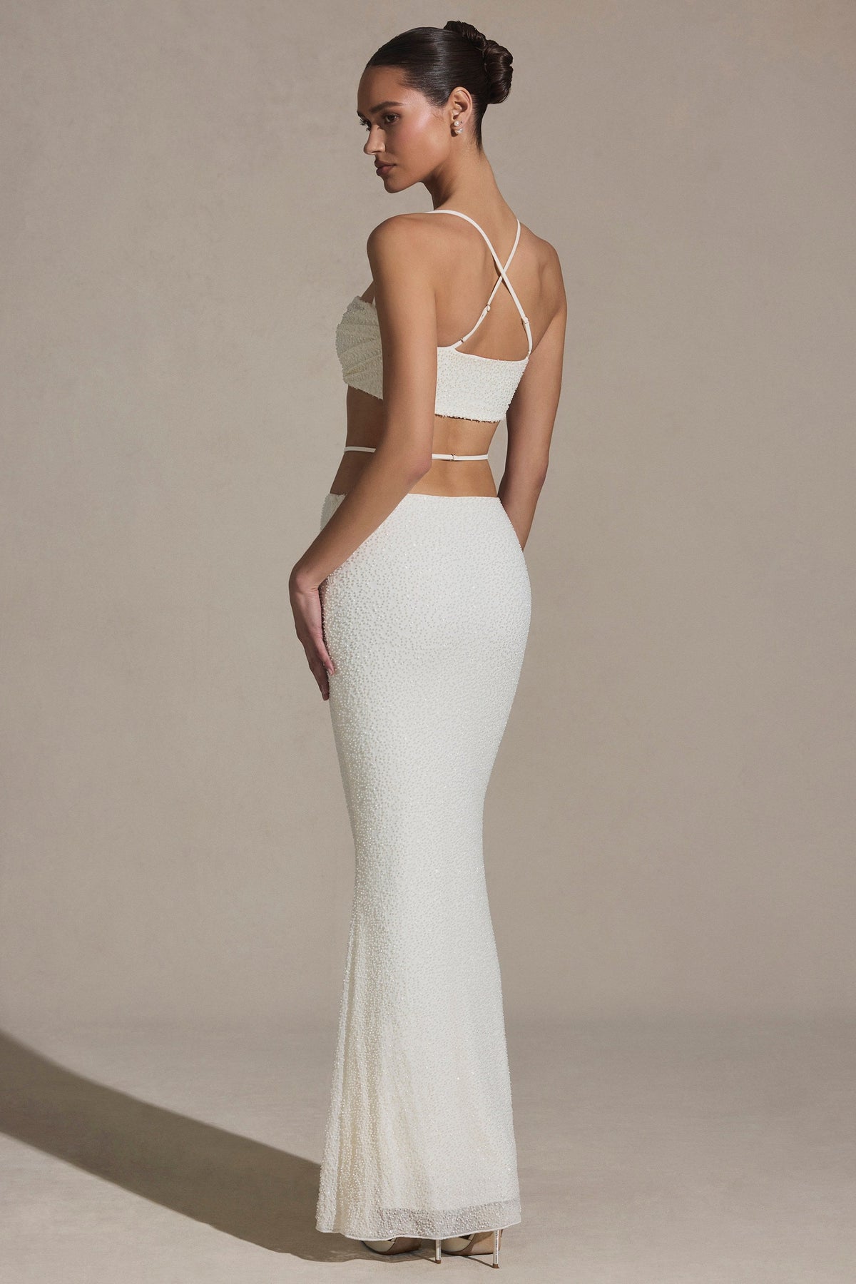 Chic Embellished Strappy Maxi Skirt in White