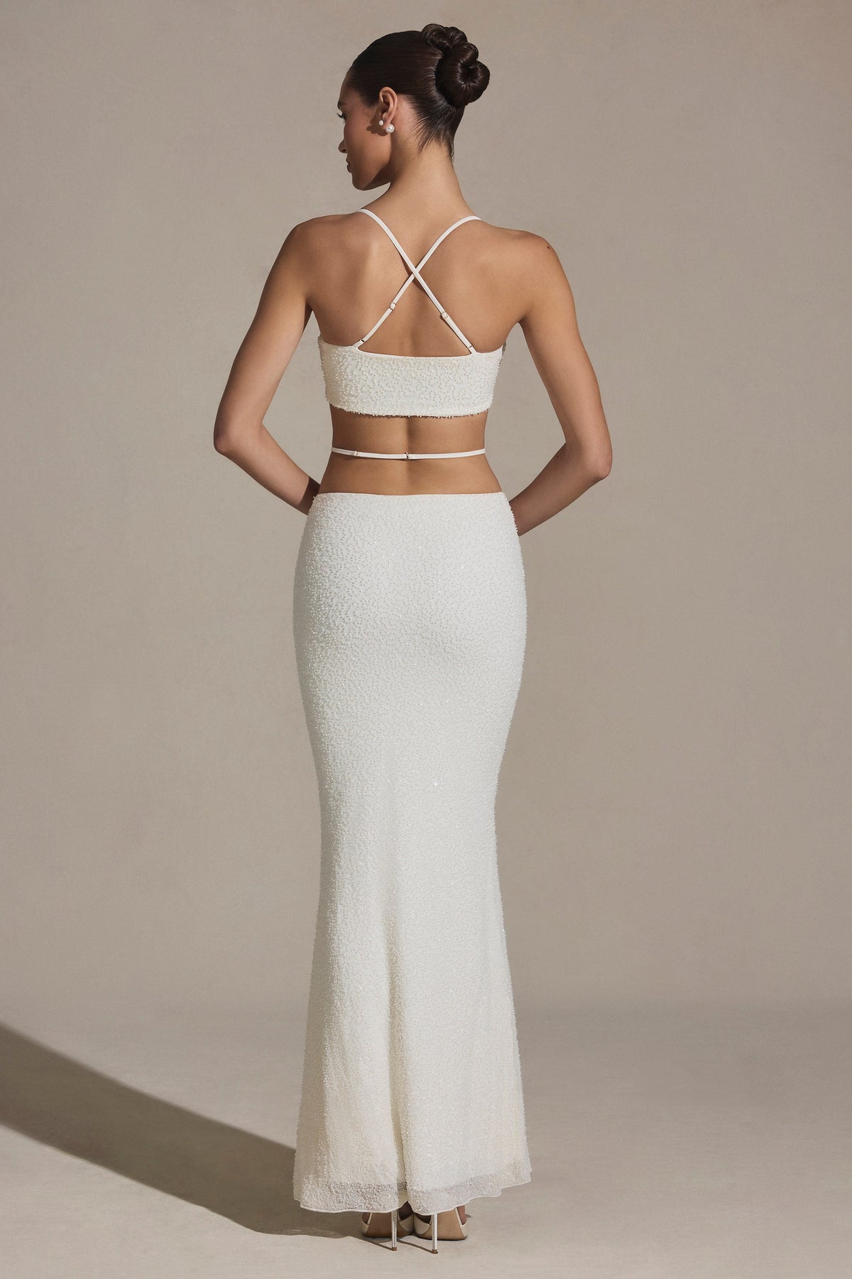Chic Embellished Strappy Maxi Skirt in White