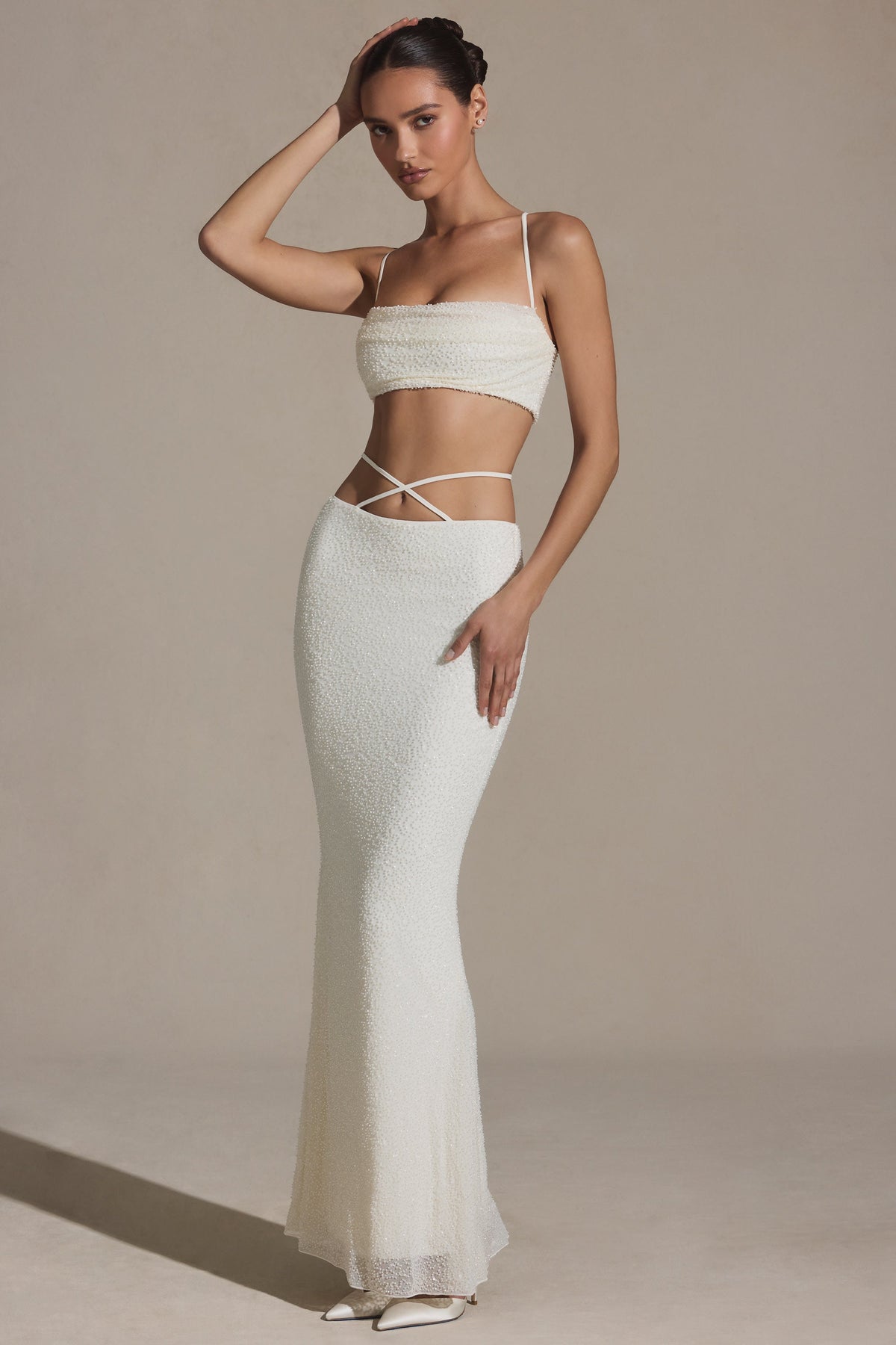 Chic Embellished Strappy Maxi Skirt in White