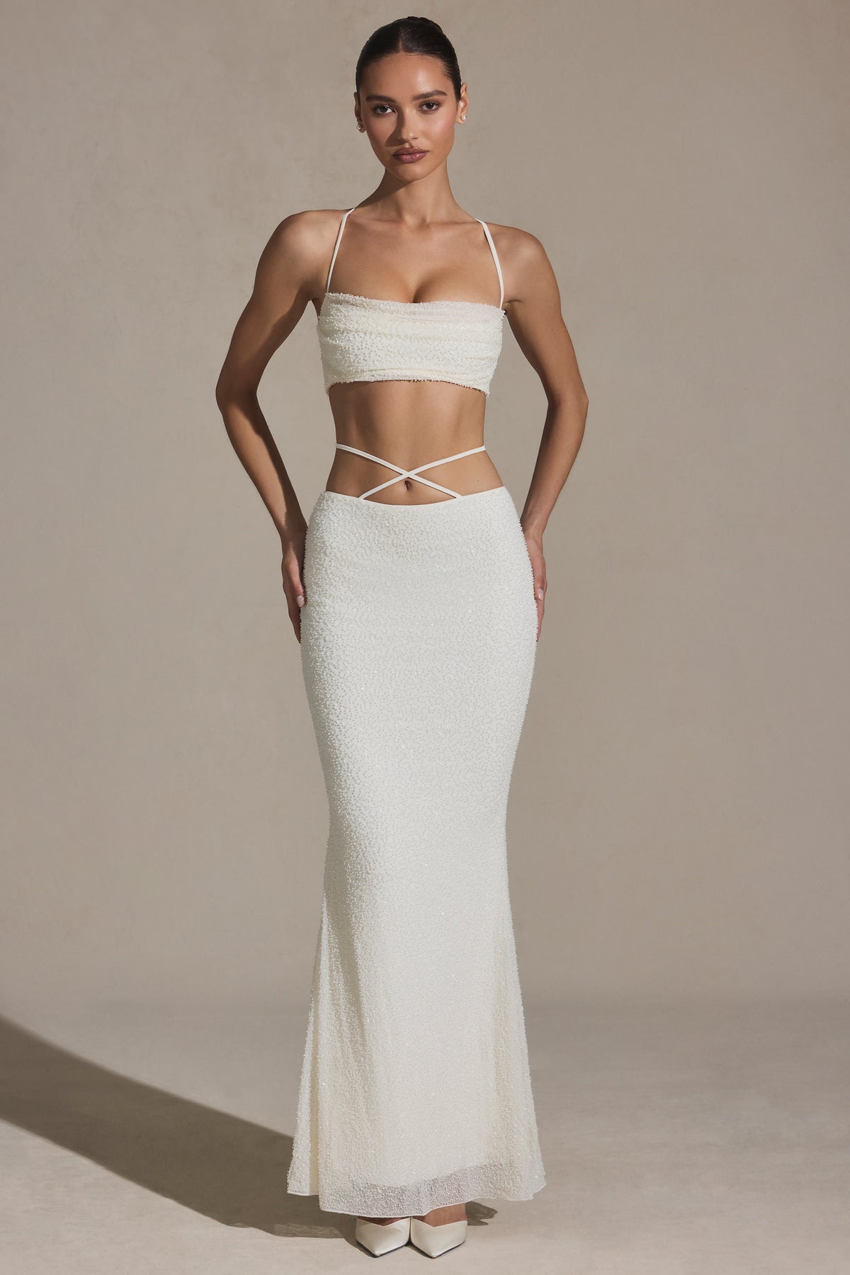 Chic Embellished Strappy Maxi Skirt in White