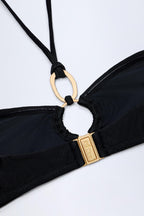 Chic Hardware-Detail Ruched Halterneck Bikini Top in Black