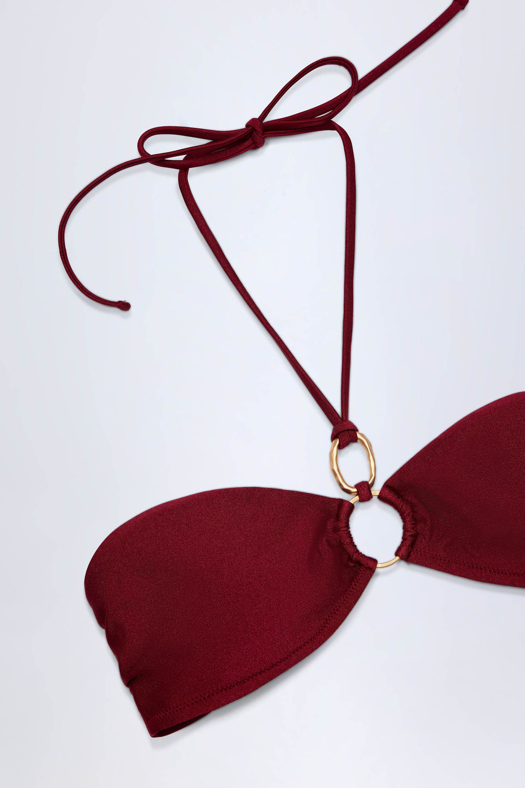 Chic Hardware-Detail Ruched Halterneck Bikini Top in Dark Cherry