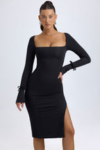 Chic Modal Square-Neck Long-Sleeve Midi Dress in Black