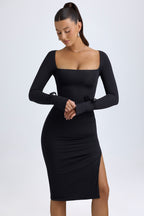 Chic Modal Square-Neck Long-Sleeve Midi Dress in Black