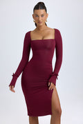 Chic Modal Square-Neck Long-Sleeve Midi Dress in Wine Red