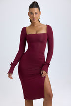 Chic Modal Square-Neck Long-Sleeve Midi Dress in Wine Red